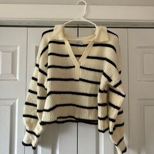 Tea Collection Cream and Black Striped V-Neck Sweater
